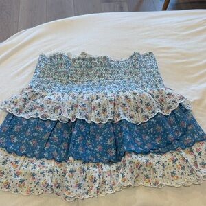 LoveShackFancy Blue and White Floral Mini Skirt